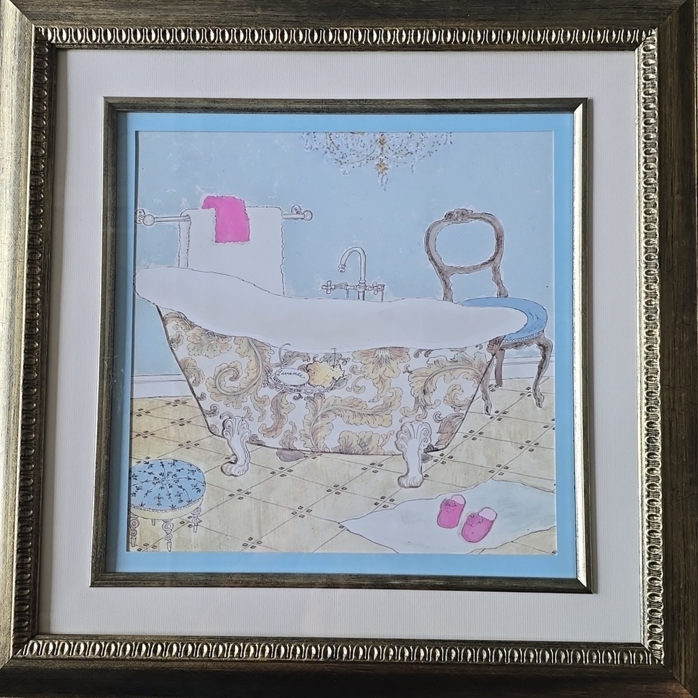 Vintage French Country Bathtub Wall Art Framed Bathroom Decor - Picture 2 of 6